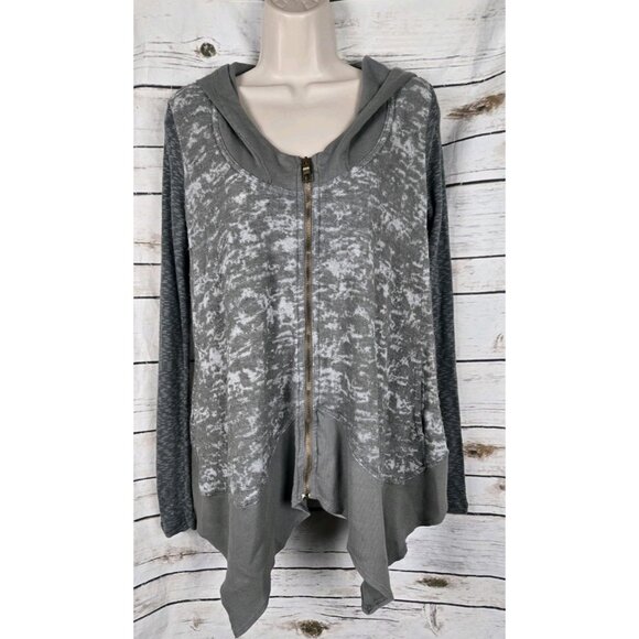 XCVI Gray Burnout  Zip Sweater Cardigan XS Asymmetrical Lagenlook Hoodie Cotton - Picture 1 of 9